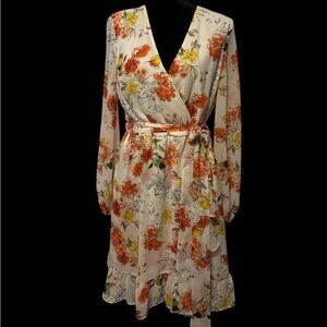 Nine West Floral Long Sleeve Dress - Orange and Yellow